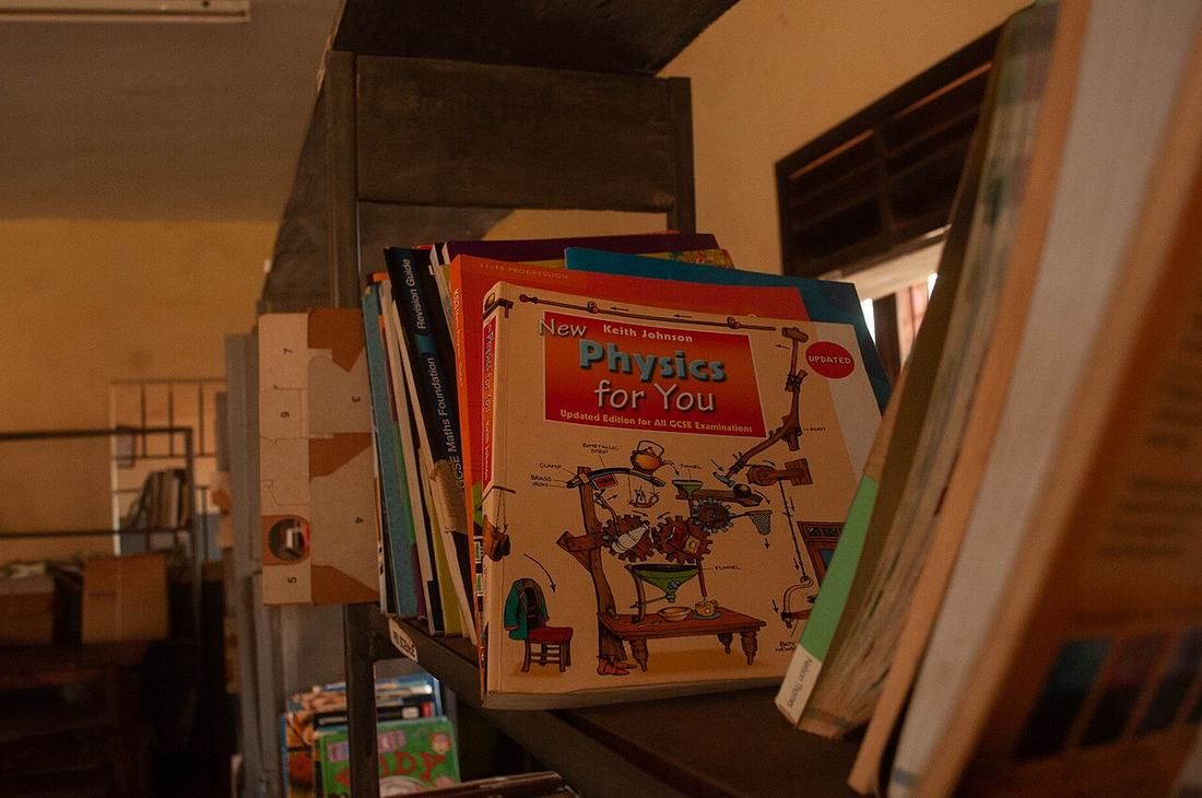 Books on library shelves